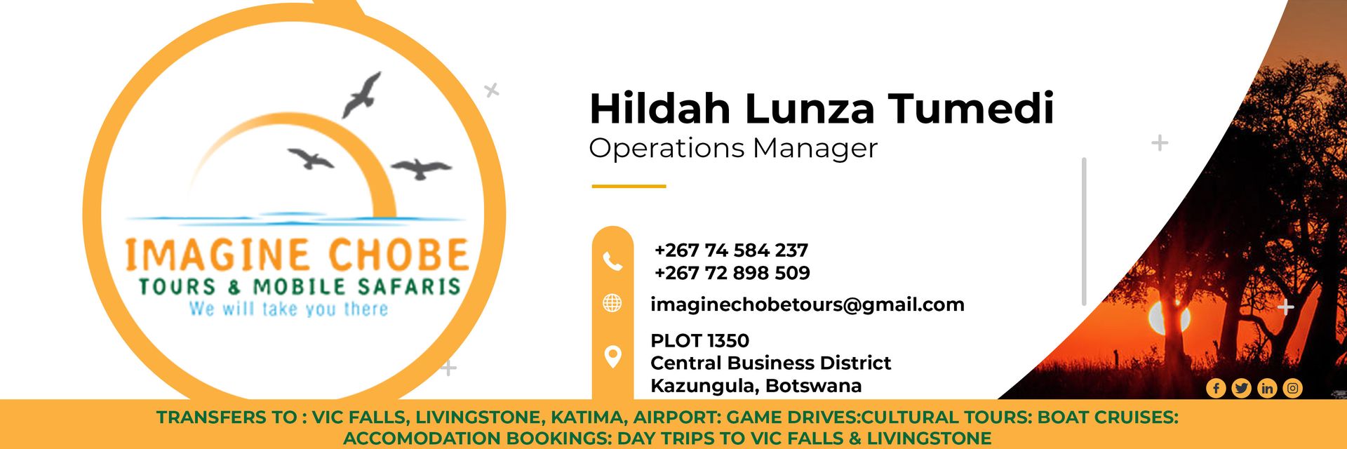 Imagine chobe business card showing contact information, location, and activities